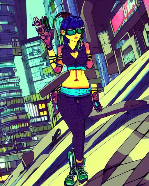 Image similar to cel shaded art of a pretty blue haired girl, jet grind radio graphics, cyberpunk city street background