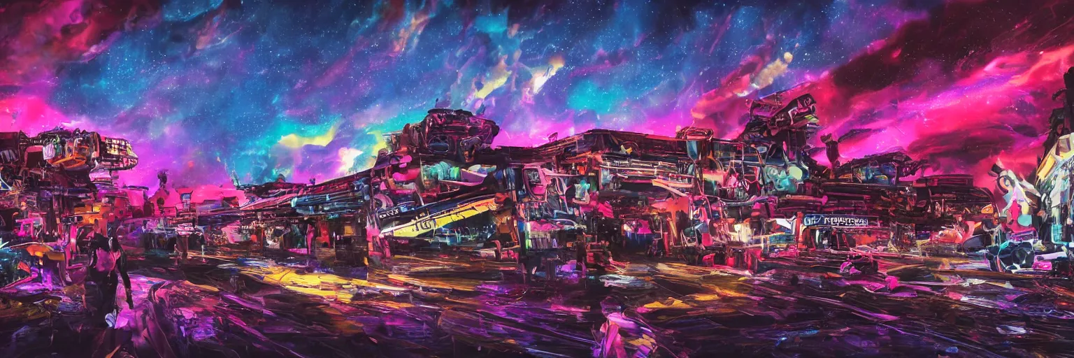 Image similar to oil painting, the middle view, spase dogs and punks running with neon mohawks, space, dark, stars, pink, pirate neon ship with punks on board, neon, rich deep colors masterpiece, ultra detailed, contrast, lots of roman arches, clouds, sky, volumetric light, atmospheric lighting, dramatic, cinematic, moody, octane render 4 k, 8 k