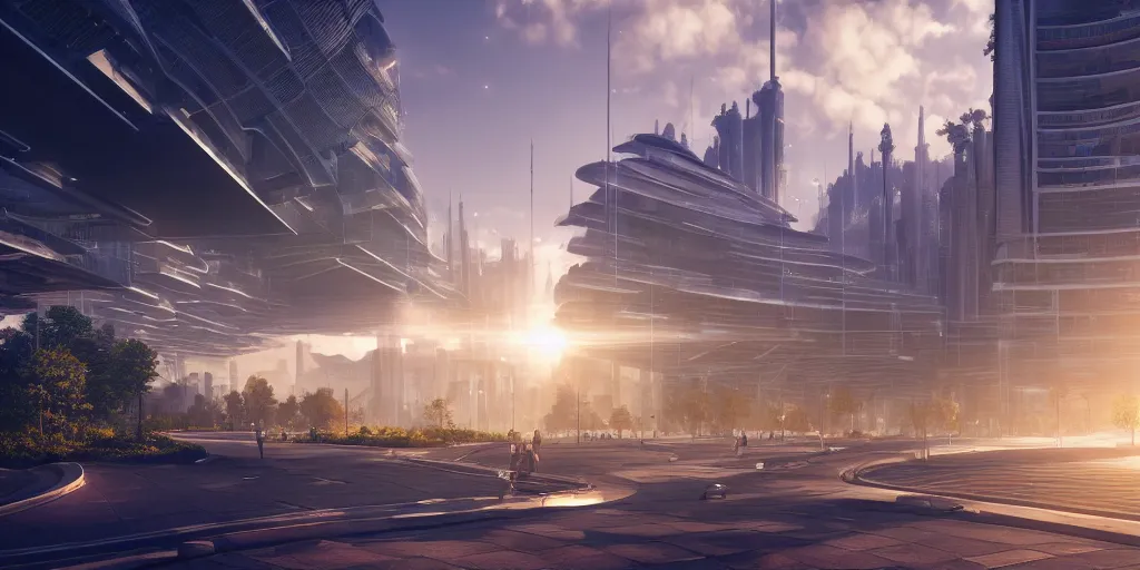 Image similar to street view of utopian solarpunk city, futuristic architecture, hyperrealism, octopath traveler, octane render, misty, highly rendered, global illumination, radiant light, golden hour, cinematic, by vincent callebaut and zaha hadid and zack snyder, 8 k