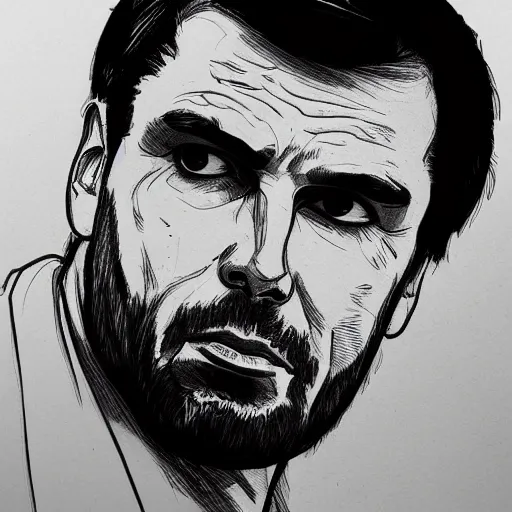 Prompt: Jair Messias Bolsonaro portrait profile, black and white sketch, cellshaded, drawn in fine-tip pen, made by WLOP, trending on artstation