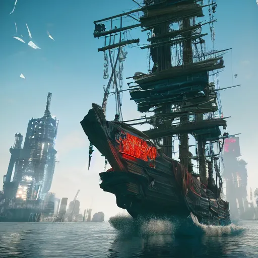 Image similar to high quality photo of a pirate ship in a cyberpunk cyberpunk cyberpunk city, realism, 8k, award winning photo