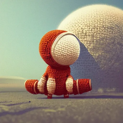 Image similar to small robot crochet astronaut traveling alone on a fluffy yarn planet. cute, illustration, digital art, inspired by little big planet, by greg rutkowski, detailed, sharp, masterpiece, highly detailed, photorealistic, octane render, 8 k, unreal engine 5, trending on artstation, cinematic