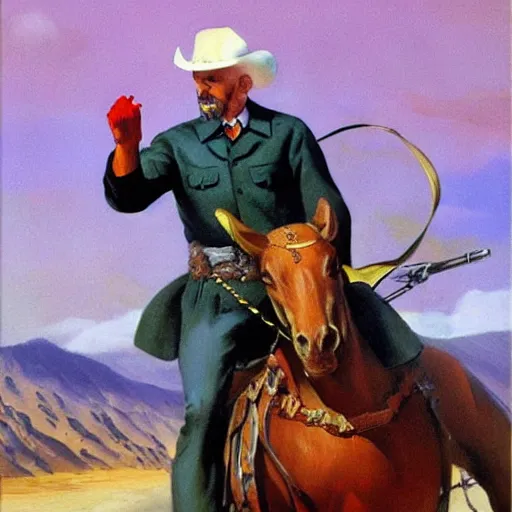 Image similar to Vladimir Lenin as heroic cowboy, painting by Boris Vallejo