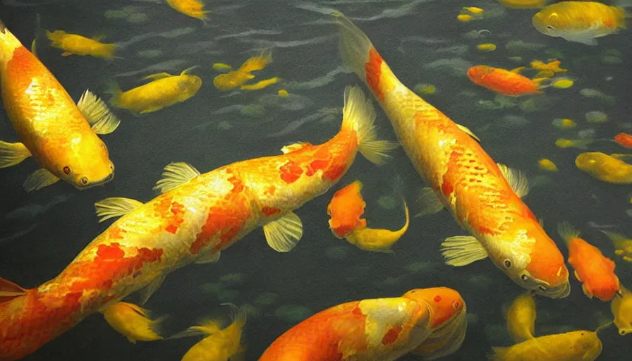 Image similar to golden glowing koi! fish swims in magical water with caustics and volumetric lighting, photorealistic painting