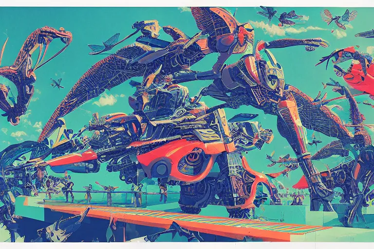 Image similar to risograph, gigantic mecha arzach birds with dragonflies, tiny rats, a lot of exotic animals around, big human faces everywhere, helicopters and tremendous birds, by satoshi kon and moebius, matte summer blue colors, surreal psychedelic design, crispy, super - detailed, a lot of tiny details, 4 k, fullshot