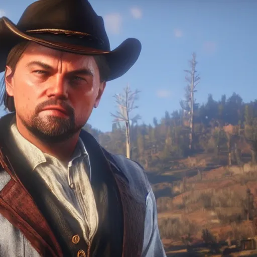 Image similar to leonardo dicaprio plays arthur morgan in the playstation 4 video game red dead redemption 2, video game screenshot