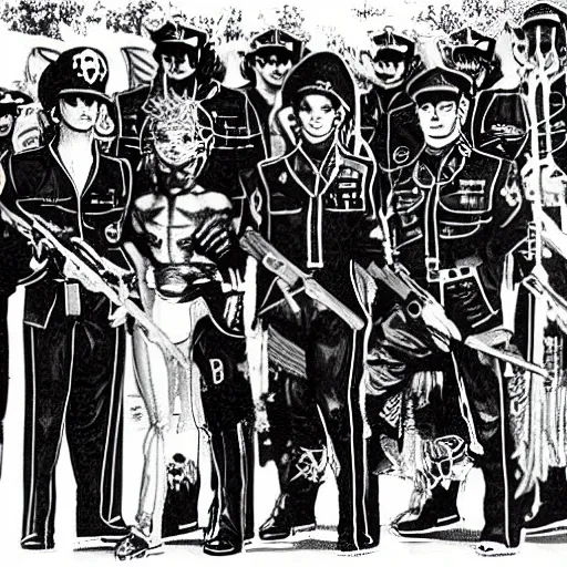 Prompt: Satanic States of America, alternate history, Satanic Marines, goth marines, US marines, 1970s