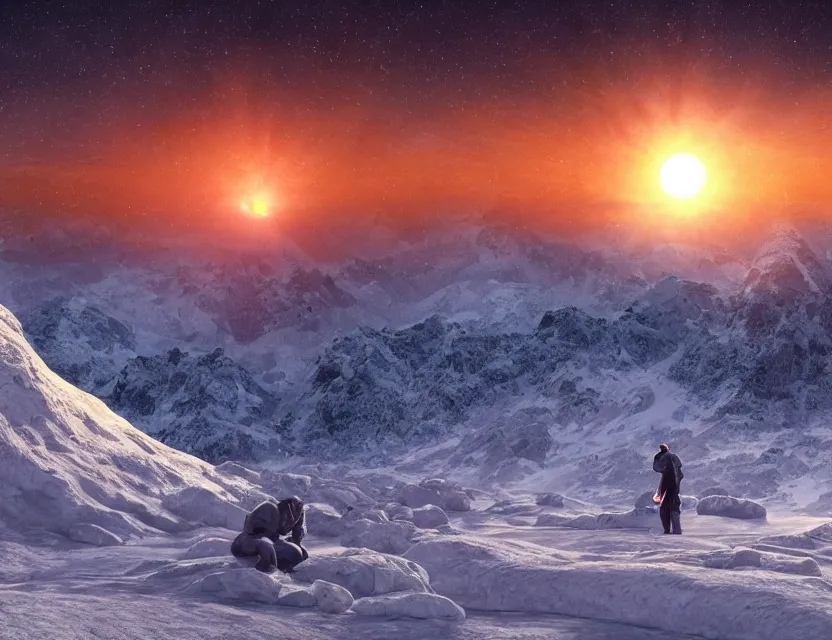 Prompt: fully photorealistic hdr eclipse at sunrise on snowy aurora dramatic mountaintop, distant glowing figures, masterpiece composition, art by john collier, albert aublet, artem demura, alphonse mucha, sharper luminescent focus, nd 6, hdr, movie still, cinematic diffuse lighting, artstation, textless, sharp focus