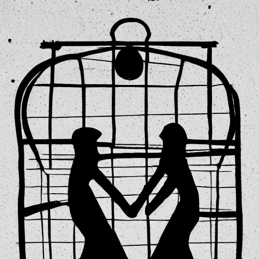 Prompt: two shadowy figures hugging each other, they are in a birdcage, paint is falling off, black and white, 5 0 mm, a dark photo