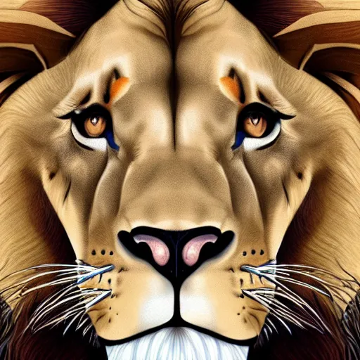 Prompt: full body portrait Lion with a sympathetic and expressive face, round and well-drawn eyes, mouth is simple and pleasant, ears are listening, body is strong and upright, paws firm to the ground, tail slightly wavy, Anthropomorphic, highly detailed, colorful, illustration, smooth and clean vector curves, no jagged lines, vector art, smooth