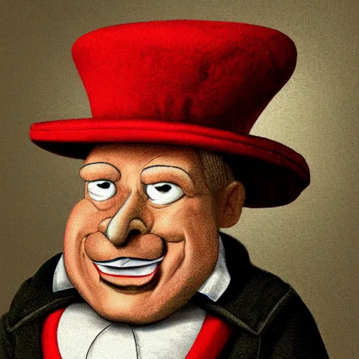 Prompt: A portrait of an evil sorecerer with a red hat, cartoon style, high detail, 8k