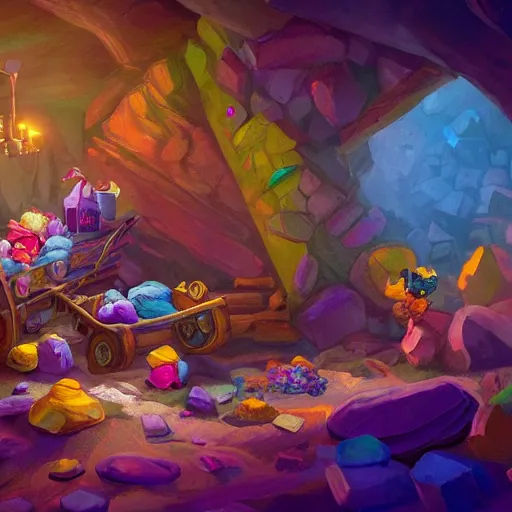 Image similar to a beautiful photo of the seven dwarfs mine, colorful crystals scattered around, and a mine cart full of crystals, natural light, concept art, cozy, atmospheric and cinematic lighting