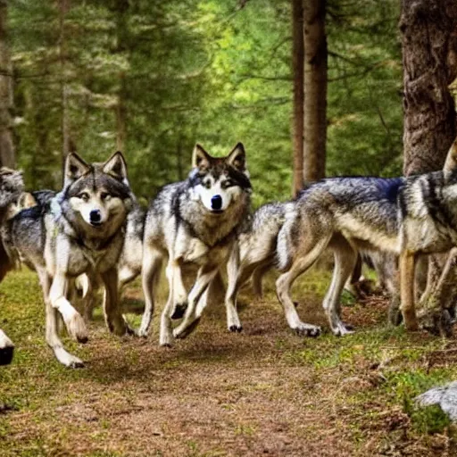 Image similar to a pack of wolves approaching you in a forest