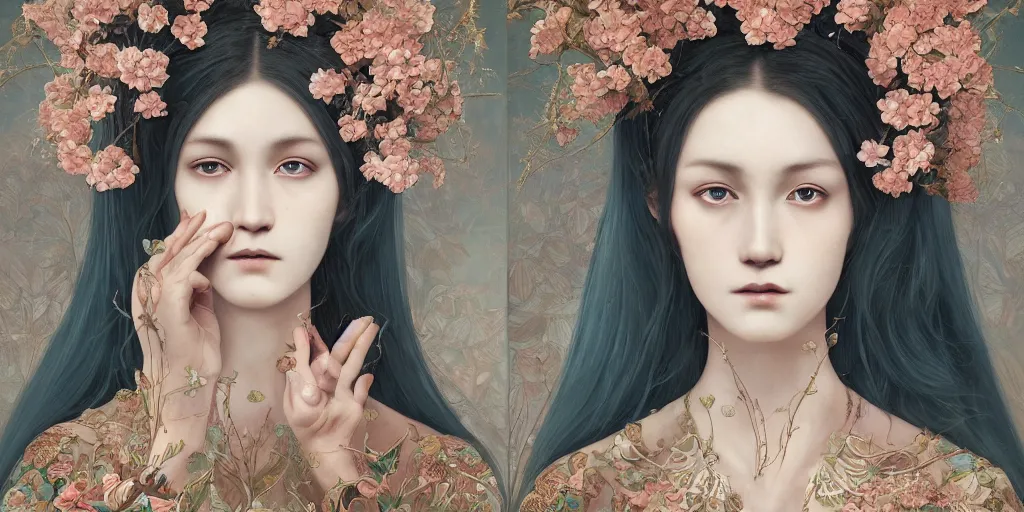 Image similar to breathtaking detailed concept art painting portrait of the goddess of nemophila flowers, orthodox saint, with anxious piercing eyes, ornate background, amalgamation of leaves and flowers, by hsiao - ron cheng, extremely moody lighting, 8 k