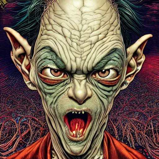 Prompt: portrait of crazy gollum, symmetrical, by yoichi hatakenaka, masamune shirow, josan gonzales and dan mumford, ayami kojima, takato yamamoto, barclay shaw, karol bak, yukito kishiro