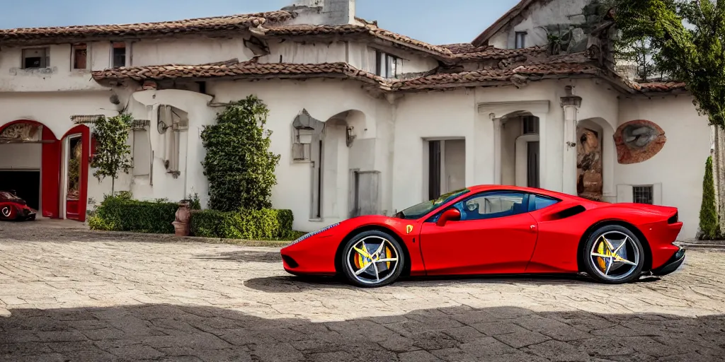 Image similar to a stunning photograph of a ferrari in front of a beautiful house with a girl next to the car singing, car lights on, 8 k, natural lighting