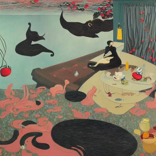 Image similar to emo catgirl artist in her flooded lounge room, painting of flood waters inside an artist's loungeroom, a river flooding indoors, pomegranates, pigs, ikebana, zen, water, octopus, river, rapids, waterfall, black swans, canoe, berries, acrylic on canvas, surrealist, by magritte and monet