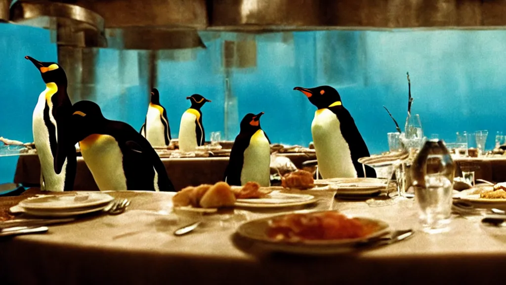 Image similar to restaurant for penguins, film still from the movie directed by denis villeneuve and david cronenberg with art direction by salvador dali and dr. seuss