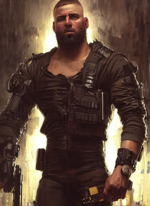 Image similar to big mike. cyberpunk meathead wearing a military vest and combat gear. (Cyberpunk 2077, bladerunner 2049). Iranian orientalist portrait by john william waterhouse and Edwin Longsden Long and Theodore Ralli and Nasreddine Dinet, oil on canvas. Cinematic, hyper realism, realistic proportions, dramatic lighting, high detail 4k