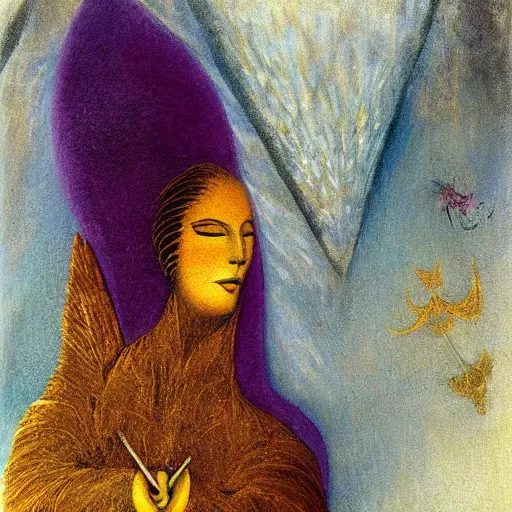 Prompt: an original painting by remedios varo, uses gold, airy, blue, orange and violet as colors