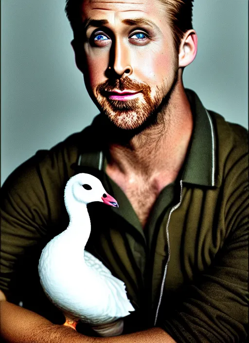 Image similar to ryan gosling fused with a goose, natural light, bloom, detailed face, magazine, press, photo, steve mccurry, david lazar, canon, nikon, focus