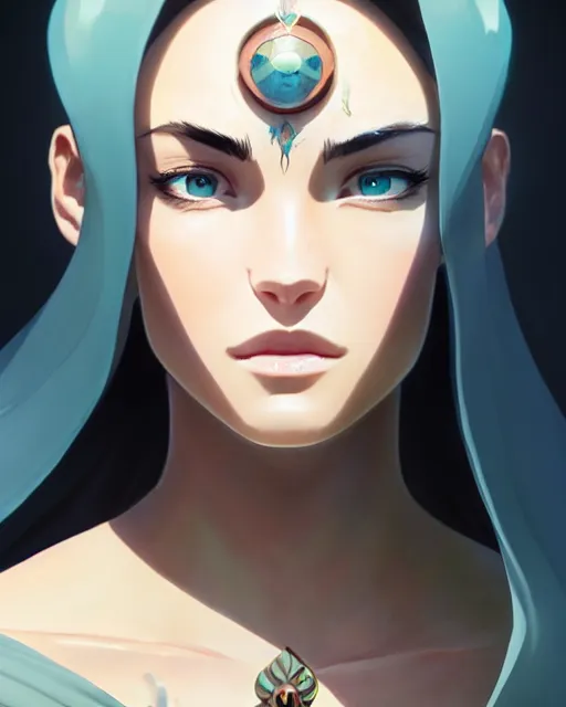 Prompt: azctec healer, megan fox, gemstone forehead, detailed perfect face, exquisite details, fire magic, mid view, design on a white background, by studio muti, greg rutkowski makoto shinkai takashi takeuchi studio ghibli