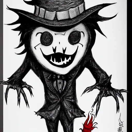 Image similar to a Pop Wonder scary horror themed goofy-hilarious-character Jack-Frost-Babadook-scarecrow-madhatter-williewonka-wearing a scarf with RED-Eyes, 3-piece-suit, dime-store-comic drawn with charcoal and pen and ink, half-tone-line-stacking