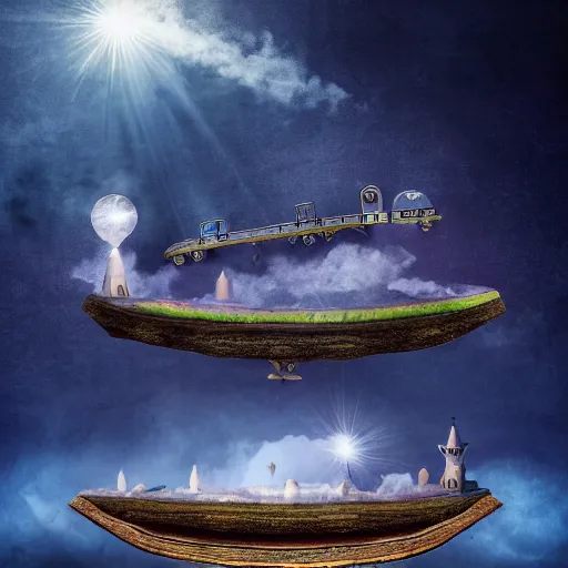 Prompt: Magic Train floating in air flying towards a magic floating island, medieval, dramatic lighting , 40nm, shallow depth of field, split lighting, 4k,