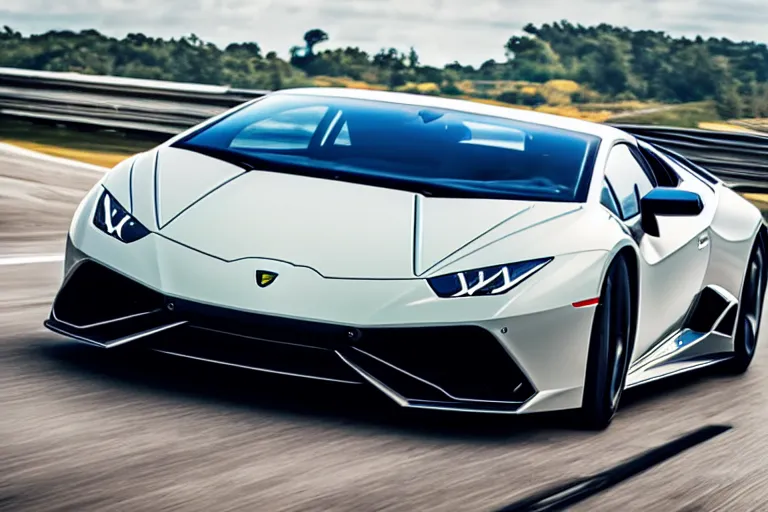 Image similar to a lamborghini huracan racing on a highway in the morning, very detailed, photo realistic, 8 k uhd, car photography