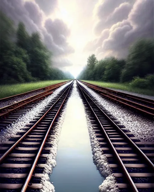 Image similar to shallow reflective water completely covers submerged train tracks as a girl carries her shoes, there is a train station in the distance and large white clouds on a wide horizon, intricate, elegant, highly detailed, digital photo, artstation, concept art, smooth, sharp focus, art by artgerm and greg rutkowski and fra angelico