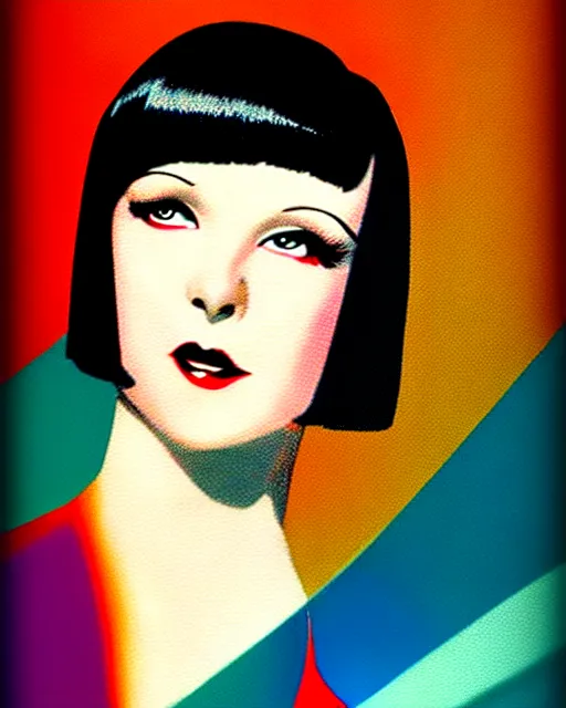 Image similar to full length portrait of 2 0 year old mary louise brooks dancing, shiny bob haircut, dramatic light, abstract art deco city background, air brush art, high contrast, sharp,, painted by ross tran 1 9 2 0 s