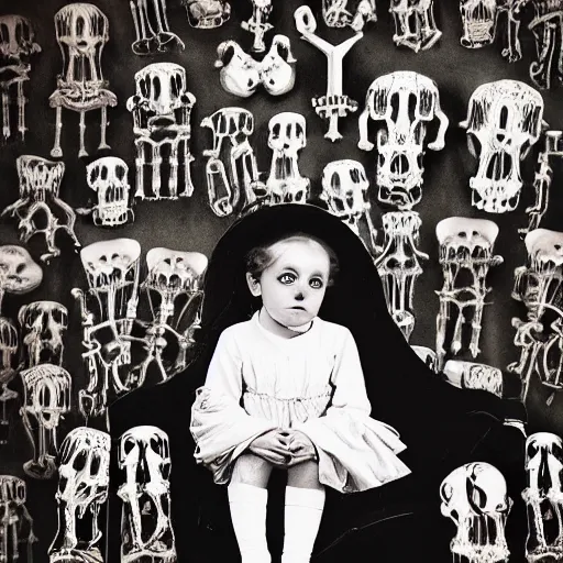 Image similar to a photo of young sad victorian gothic child with big eyes and wide grin sitting on a sofa of bones surrounded by a cyber futuristic cityscape made of human body parts, color, 5 0 mm, award winning photography