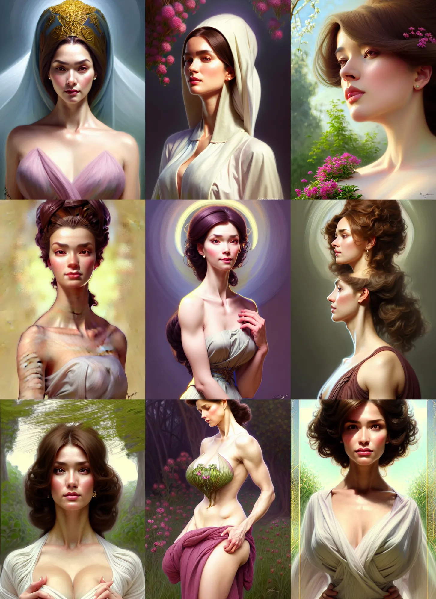 Image similar to character concept portrait of me as modest wife blessed by god to grow ever - more intelligent beautiful voluminous muscular tall healthy and alive. modestly clothed, in garden, intricate, elegant, highly detailed, digital painting, artstation, concept art, symmetry, smooth, sharp focus, illustration, art by artgerm and rutkowski and mucha