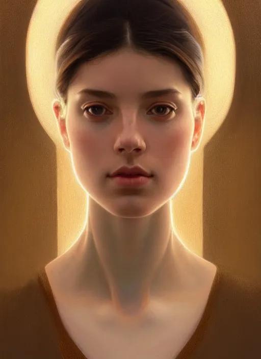 Image similar to symmetry!! portrait of young woman cursed with ever - increasing physical and mental perfection, slice - of - life, realism, golden ratio face proportions!! intricate, elegant, highly detailed, perfect face!! digital painting, artstation, concept art, smooth, sharp focus, illustration, art by artgerm and greg rutkowski and alphonse mucha