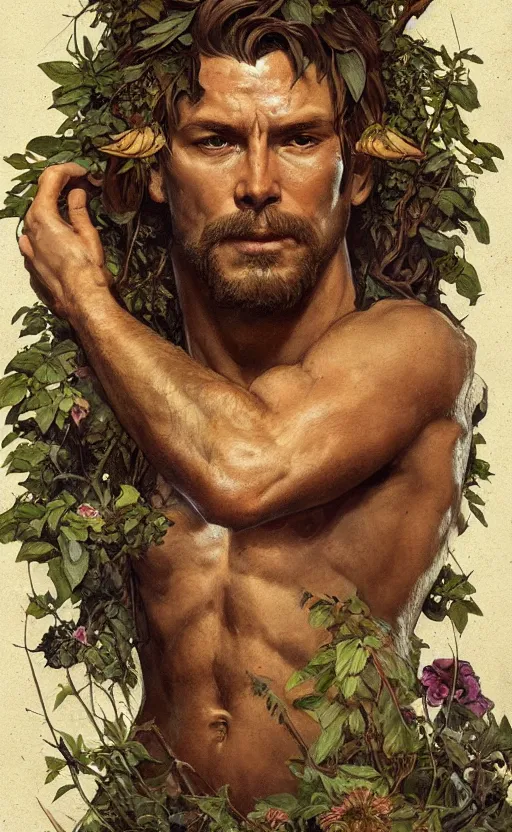 Image similar to god of the forest, 3 0 years old, rugged, handsome, male, detailed face, clean lines, atmospheric lighting, amazing, full body, thighs, flowers, muscular, intricate, highly detailed, digital painting, deviantart, concept art, sharp focus, illustration, art by greg rutkowski and alphonse mucha