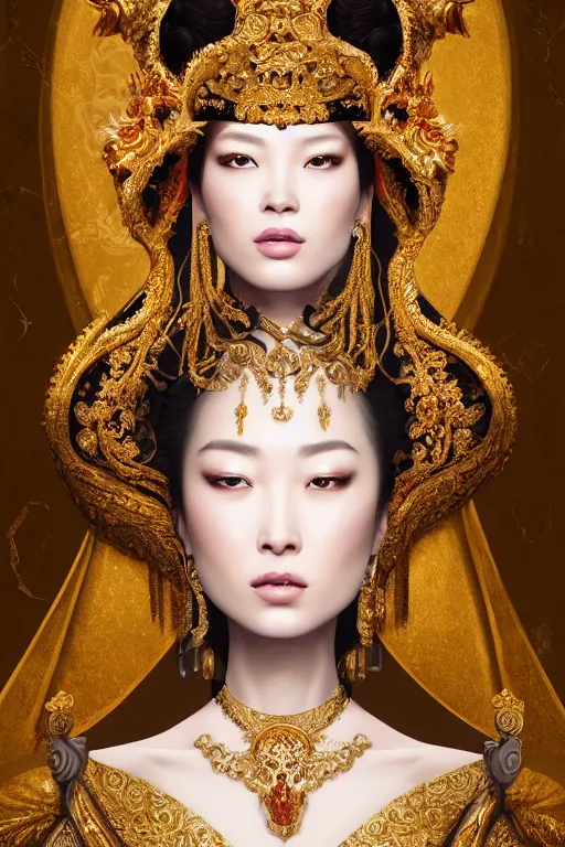 Image similar to a beautiful empress portrait, with a brilliant, impossible striking shiny big gold headpiece, reflective surface, gold clothes, rococo, baroque, jewels, asian, realistic, studio lighting, closeup, D&D, fantasy, intricate, elegant, highly detailed, digital painting, artstation, octane render, 8k, concept art, matte, sharp focus, illustration, art by Artgerm and Greg Rutkowski and Alphonse Mucha