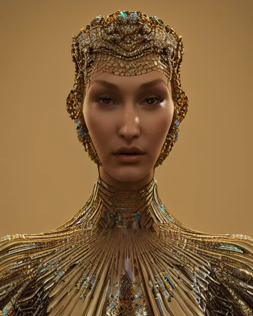 Image similar to a highly detailed metahuman 4 k close up render of a bella hadid in balenciaga monument renaissance in iris van herpen dress schiaparelli in diamonds crystals swarovski and jewelry iridescent in style of alphonse mucha gustav klimt trending on artstation made in unreal engine 4