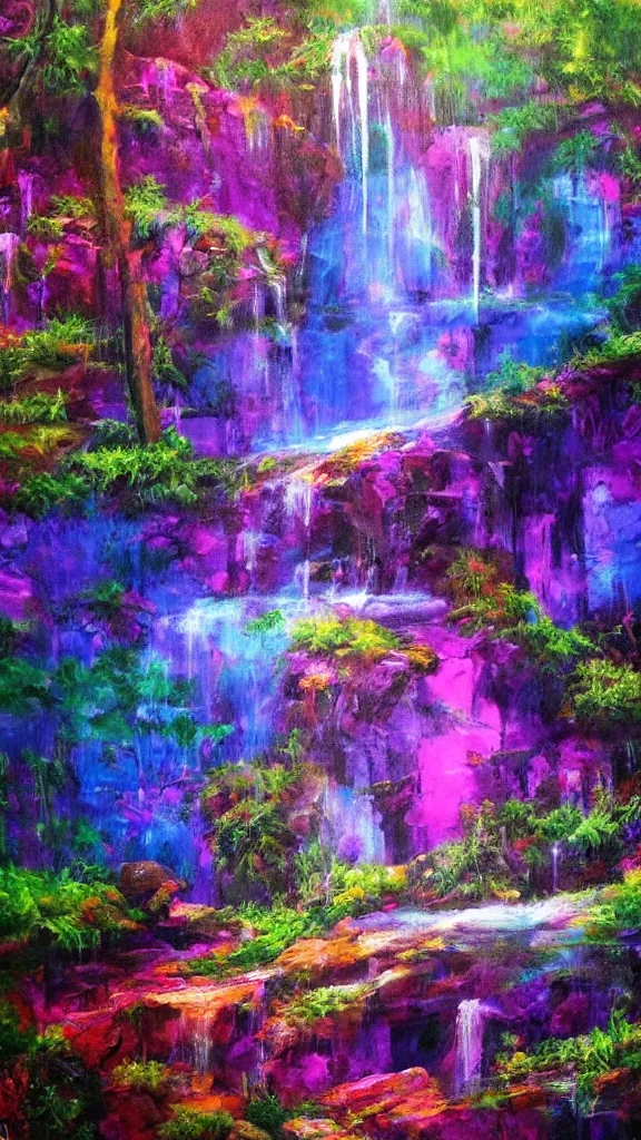 Prompt: high quality psychedelic waterfall background, painted with oil paints, hypperrealism, hd 4 k artstation