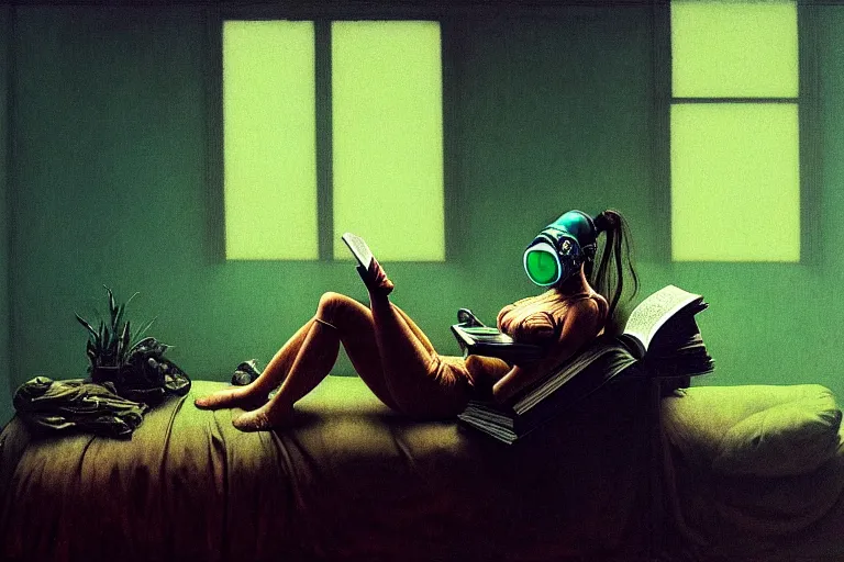 Prompt: anatomically correct girl with wearing a gas mask lying on the sofa reading a book in her room, in the style of beksinski, solarpunk, exact anatomy, atmospheric, clean, intricate and epic composition, green by caravaggio, insanely quality, highly detailed, masterpiece, blue light, artstation, 4 k