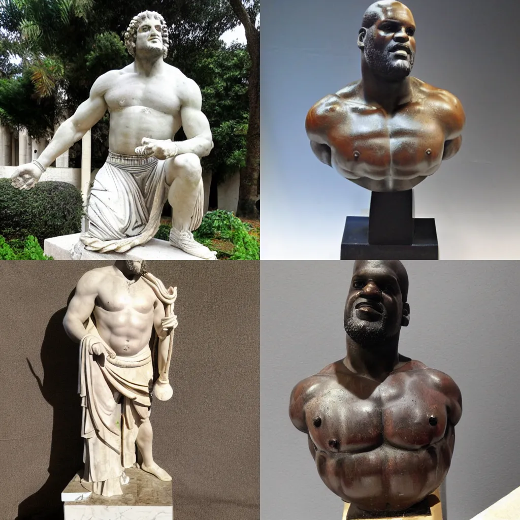 Prompt: ancient greek ancient statue marble sculpture of shaquille o'neal, highly detailed