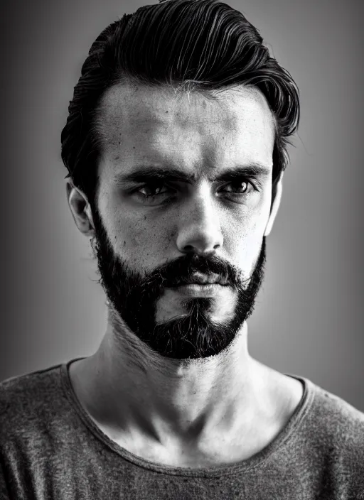 Image similar to black and white close - up portrait shot, studio photograph of a male symmetrical handsome andrea belluci the painter artist, casual clothes, anxiety and depression, intricate, elegant, highly detailed, hyper realistic, dark background, flickr, smooth, 4 k, 3 0 0 dpi, sharp focus, shot by canon