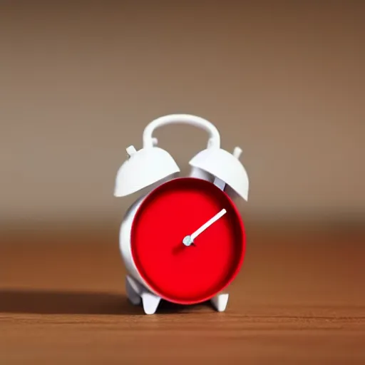 Image similar to Very tiny red alarm clock that looks like the iOS emoji and has the same colors, 3D clay render, 4k UHD, white background, isometric top down left view, diffuse lighting, zoomed out very far