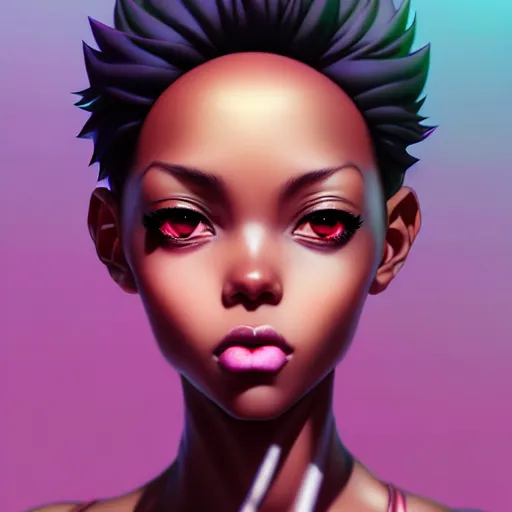 Image similar to portrait of a black anime manga girl with short french bob hair, by artgerm, james jean, tom bagshaw, gerald brom, vaporwave colors, lofi colors, vaporwave, lofi, goth vibe, 4 k, smooth, hd, substance designer render, full body character concept art, symmetrical, 2 point lighting,