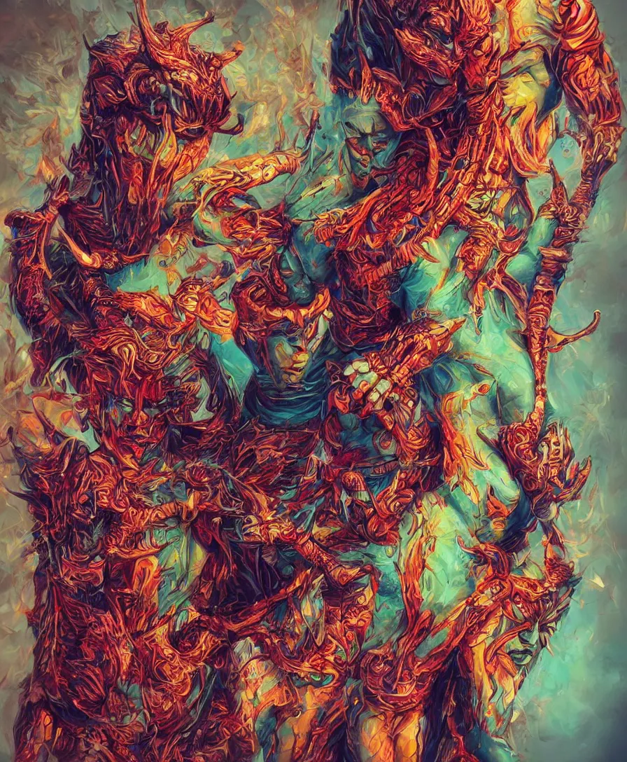 Image similar to devil holding a person, colorful, intricate, ultra detailed, photorealistic, trending on artstation