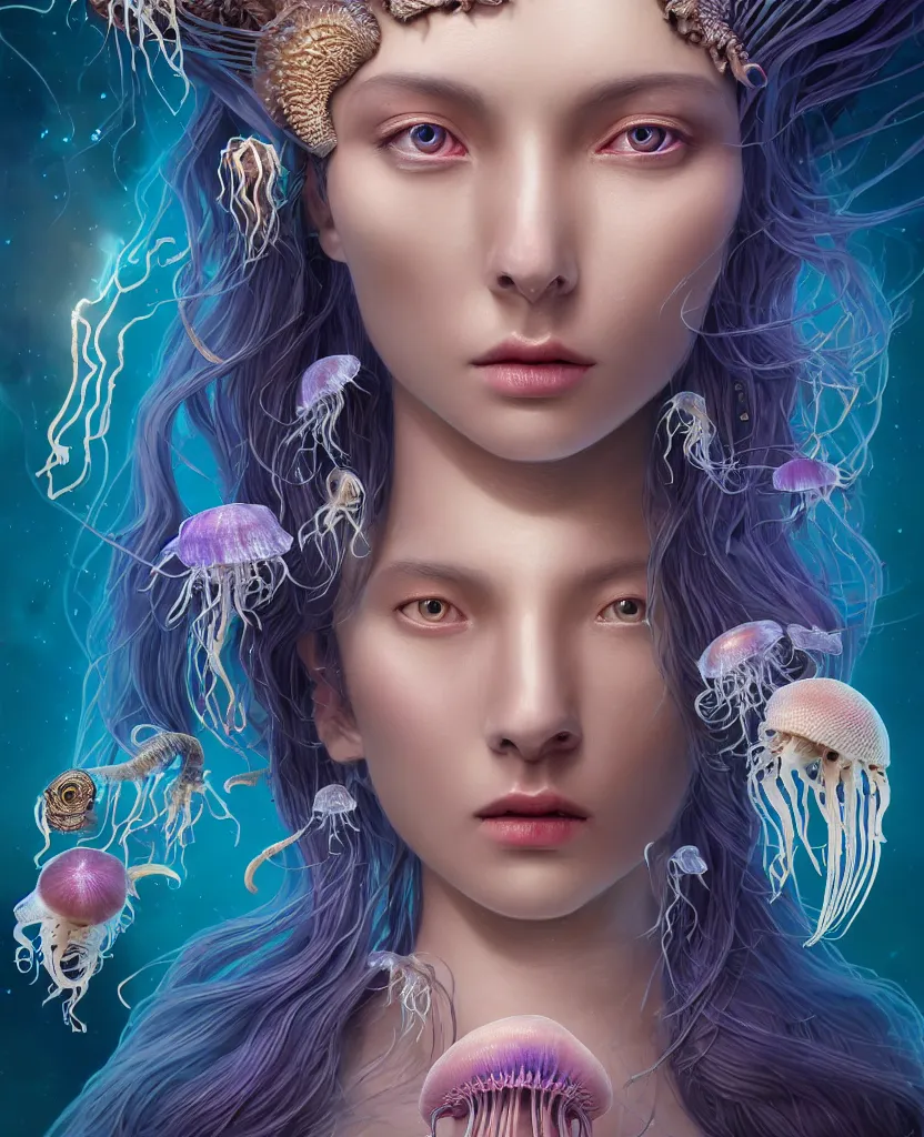 Image similar to goddess close-up portrait of princess face and ram skull. eyes. jellyfish phoenix head, nautilus, orchid, skull, betta fish, bioluminiscent creatures, intricate artwork by Tooth Wu and wlop and beeple. octane render, trending on artstation, greg rutkowski very coherent symmetrical artwork. cinematic, hyper realism, high detail, octane render, 8k