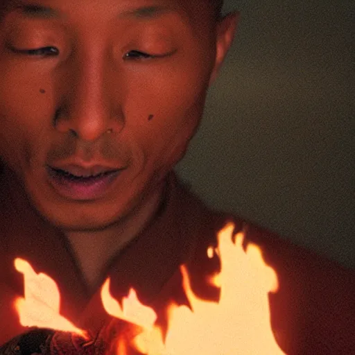 Image similar to cinematic film still Pharrell Williams starring as a Samurai holding fire, Japanese CGI, VFX, 2003, 40mm lens, shallow depth of field,film photography