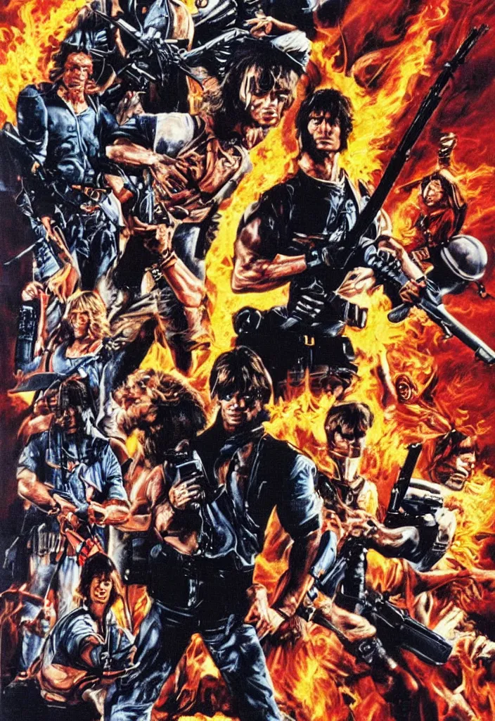 Image similar to 1 9 8 0's super duper action movie poster, rambo, conan, he - man, robocop, skeletor, explosions, guns, fast cars, glossy high quality print