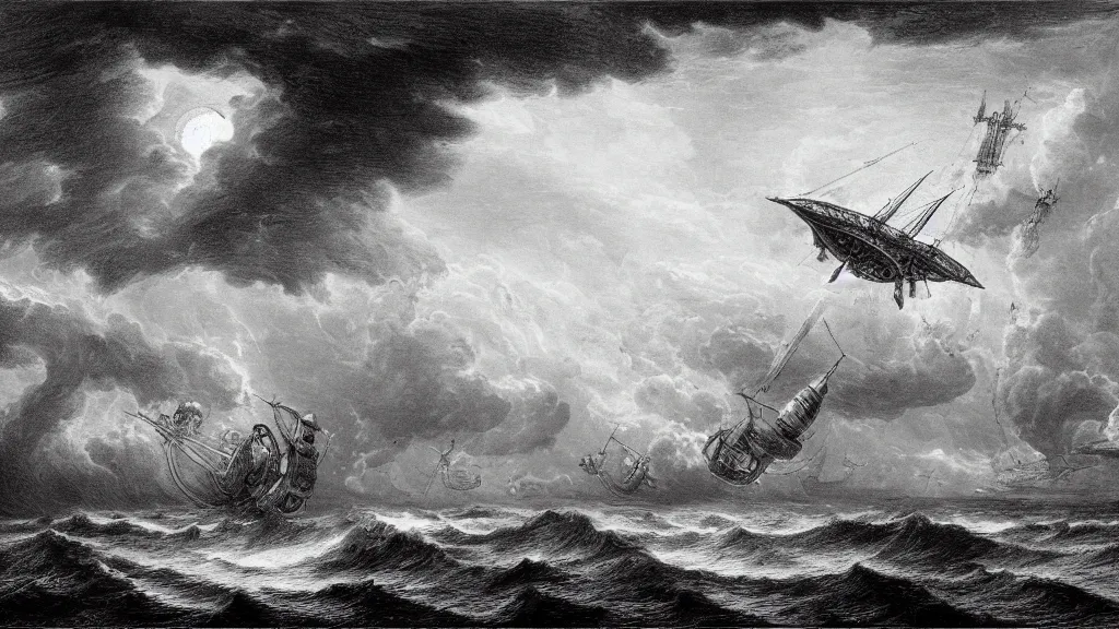 Prompt: drawing of a giant steampunk airship above a stormy ocean, by gustave dore, nineteenth century, black and white, vintage, science fiction, epic composition, dramatic lighting, highly detailed, cinematic
