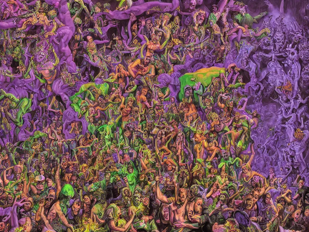 Image similar to digital painting rave party in hell by Chor Boogie, intricate details, ultra detailed, 4K, award-winning, touch of M. C. Escher and Salvador Dali