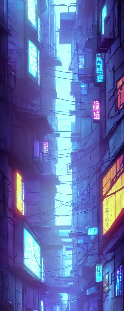 Image similar to city alleyway in the atmospheric cyberpunk anime film, gouache matte background painting, neon noir, at night with lights, by makoto shinkai, in the anime series ergo proxy, beautiful specular edge highlights and rim lighting